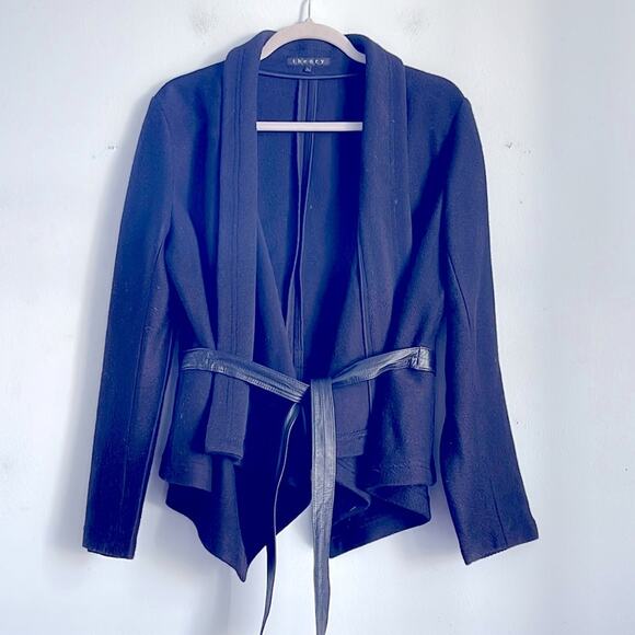 Theory waterfall open front faux leather tie cardigan blazer sz L - Picture 1 of 7